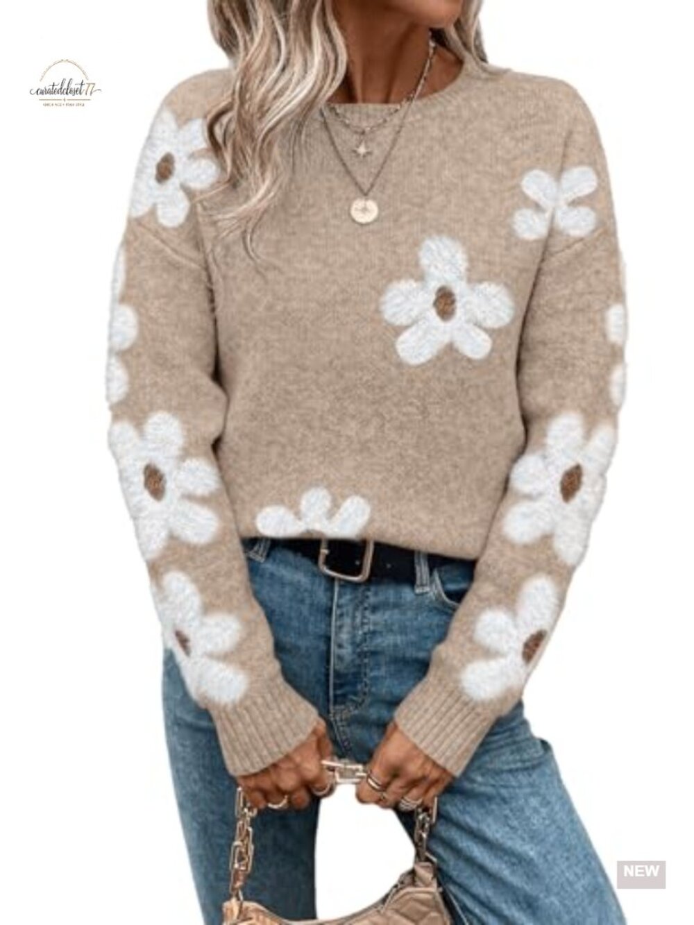 SHENHE Floral Crewneck Long Sleeve Drop Shoulder Sweater Pullover Women's Top